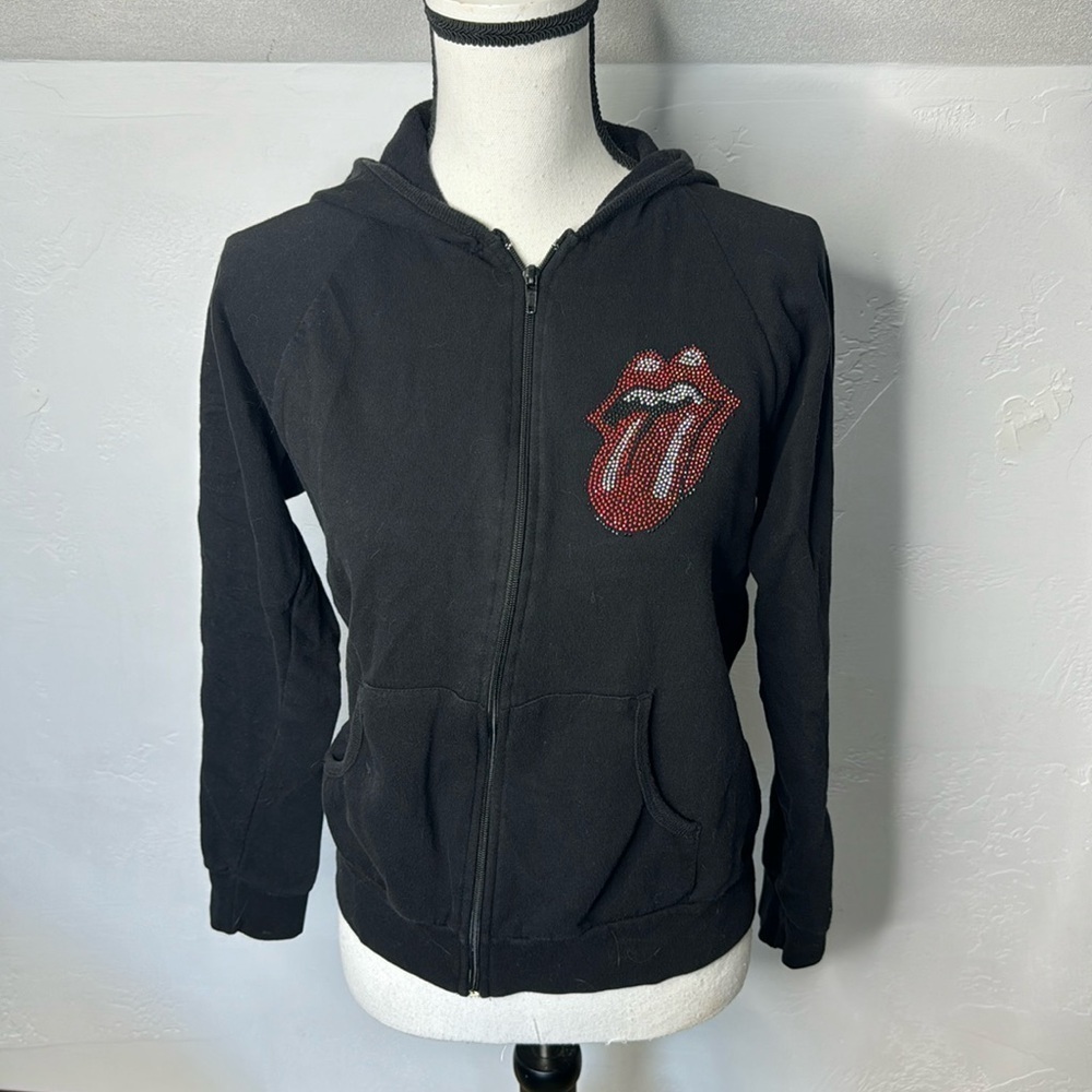 Rolling Stone Black Hoodie with Rhinestone Mouth Medium